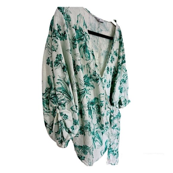 ZARA WRAP CROSS TIE V NECK KIMONO STYLE WHITE GREEN PRINT TOP LINEN SIZE SMALL - Picture 6 of 9